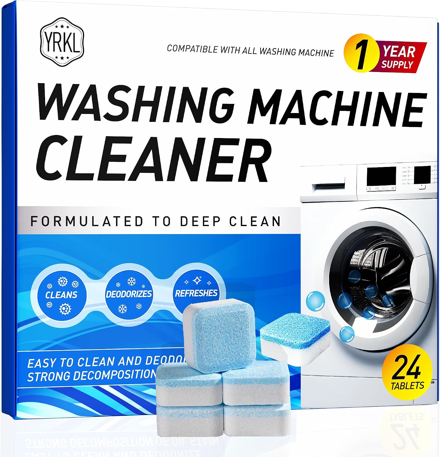 Washing Machine Cleaner Tablets – 24-Pack Deep Cleaning & Descaler for HE, Front Load & Top Load washer